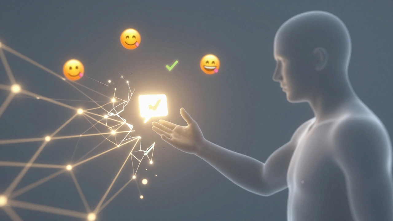 Een menselijke hand herstelt een gebroken netwerk met licht, terwijl emoji's zweven als symbolen van verbinding.