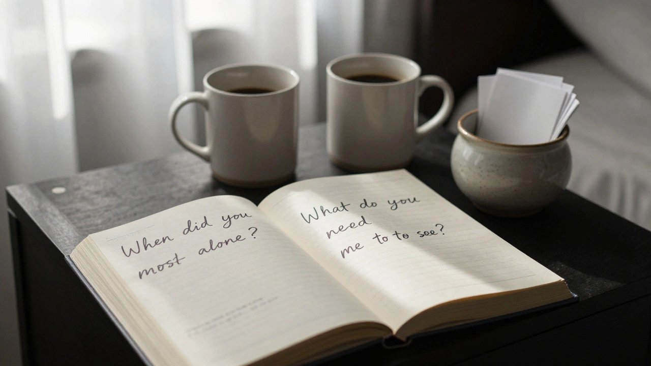 Een open dagboek met handgeschreven vragen en een pot met kaartjes op het nachtkastje, morgenlicht valt door de gordijnen.