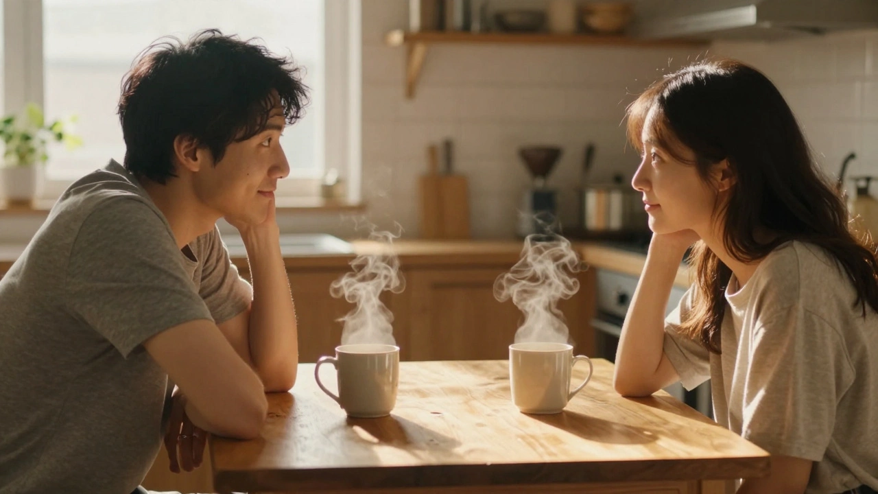 Een paar drinkt koffie in de keuken op een zondagochtend, rustig en zonder telefoons.