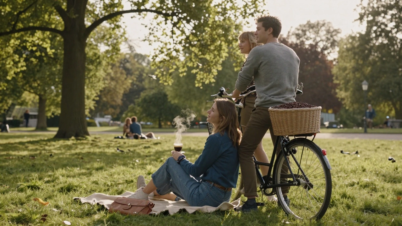 Een paar fietst door het Vondelpark met verse koffiebonen, zittend op een deken met een espresso.