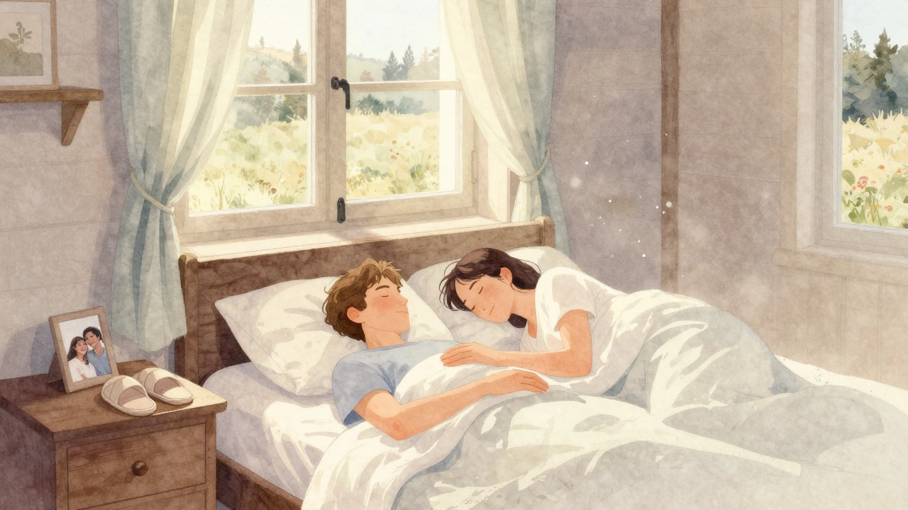 Een paar slaapt samen in een landelijk huisje, hun handen raken elkaar zachtjes in de ochtendzon.
