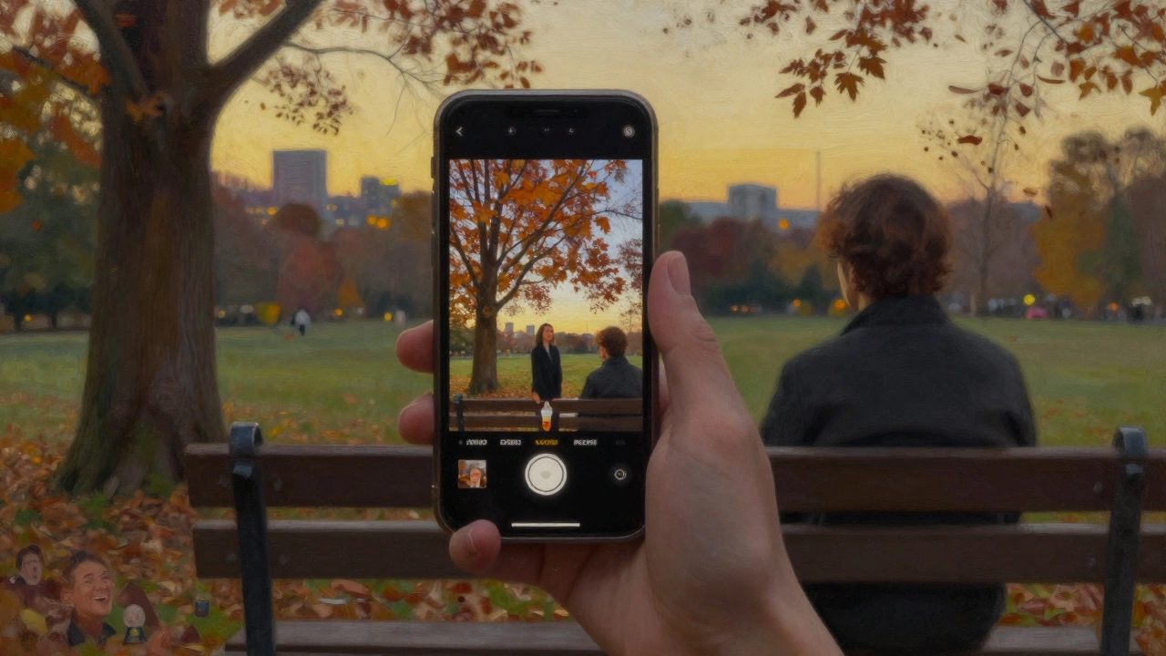 Een persoon op een bank met een telefoon waarin hun verbondenheid zichtbaar is als een collages van gezichten.