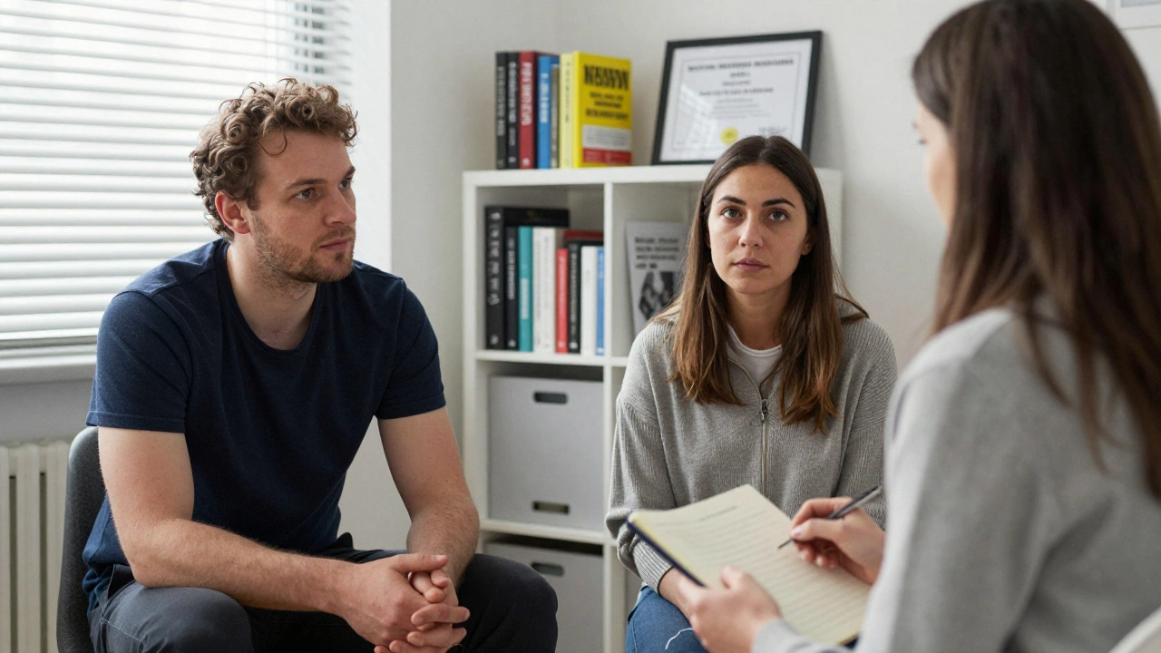 Een relatietherapeut observeert een paar tijdens een gesprek in een kamer met psychologieboeken.