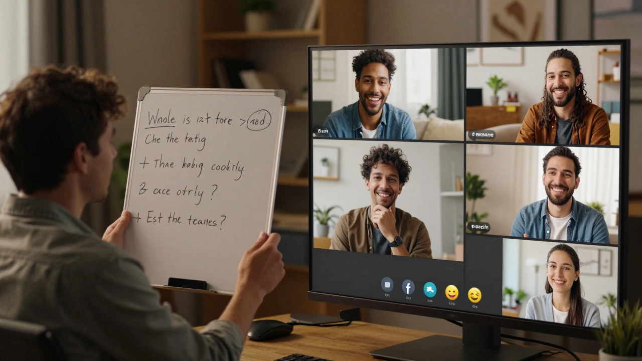 Een teamleden kijken naar een persoonlijke video-call op hun schermen, met lachende gezichten en emoji-reacties.