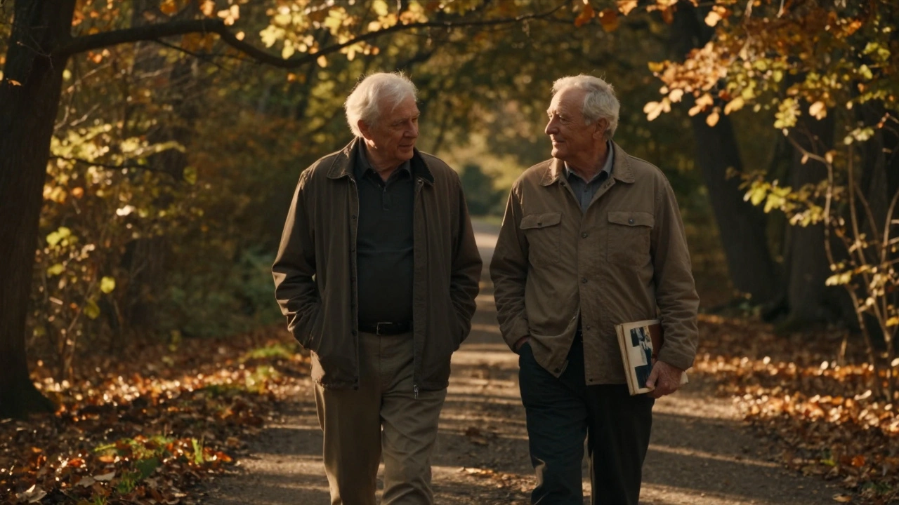 Een vader en zoon lopen samen door een bos, een oud fotoalbum bij zich, in stilte.