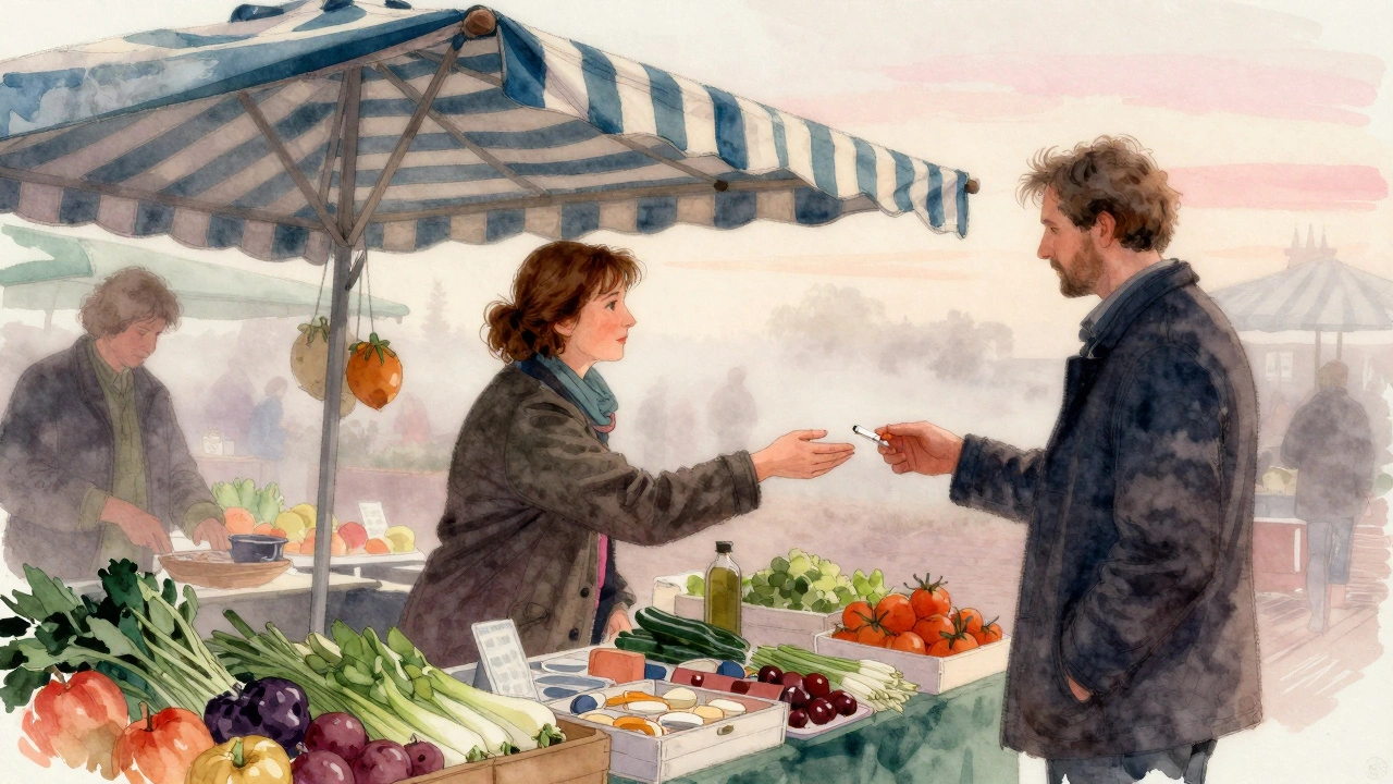 Een vrouw biedt op een markt iemand een sigaret aan, morgenmist en houten kraampjes in de achtergrond.