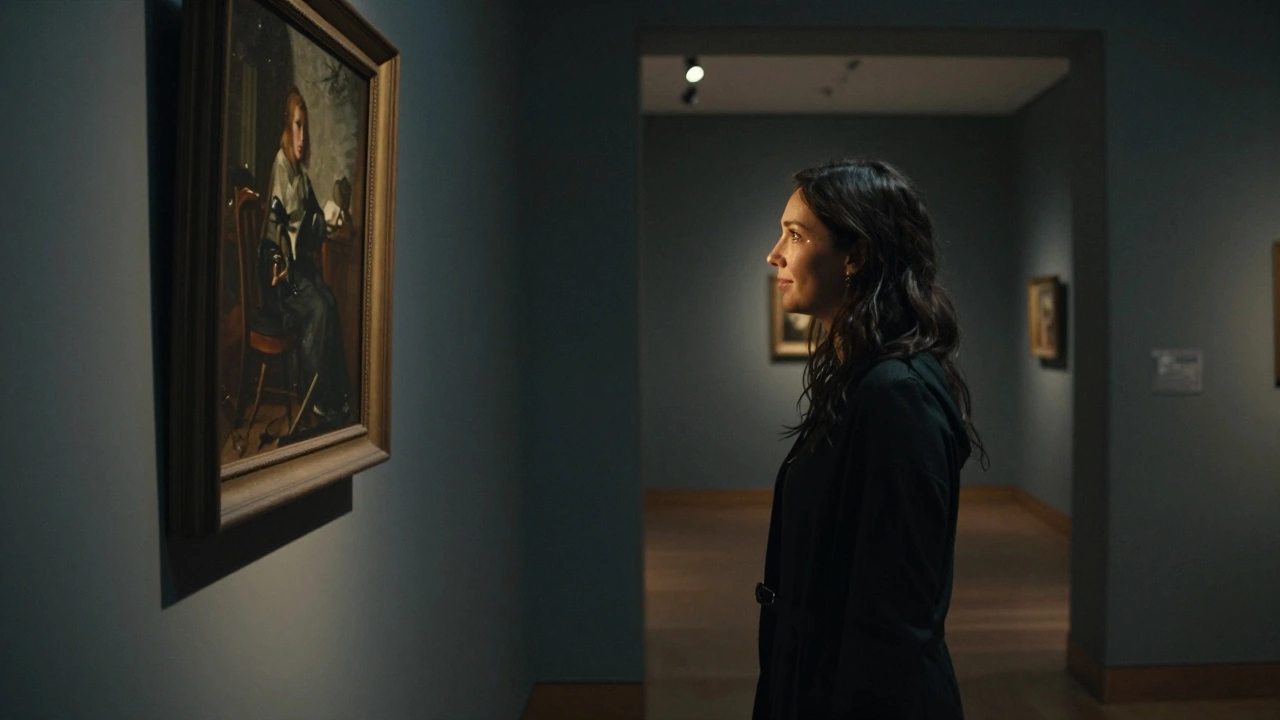 Een vrouw staart naar een schilderij in een vergeten museumhoek, verlicht door een enkel lichtstraal, met een zachte glimlach op haar gezicht.