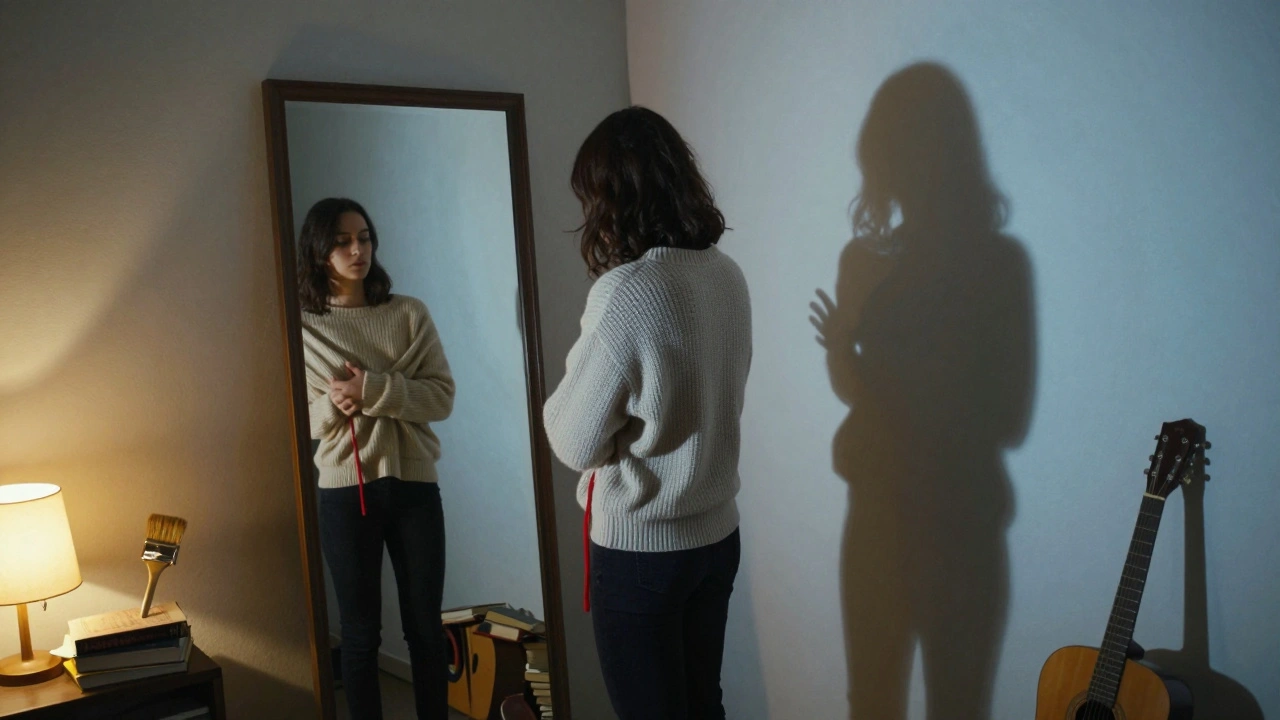 Iemand haalt een kledingstuk uit dat niet bij hen past, terwijl hun schaduw hen omhelst.