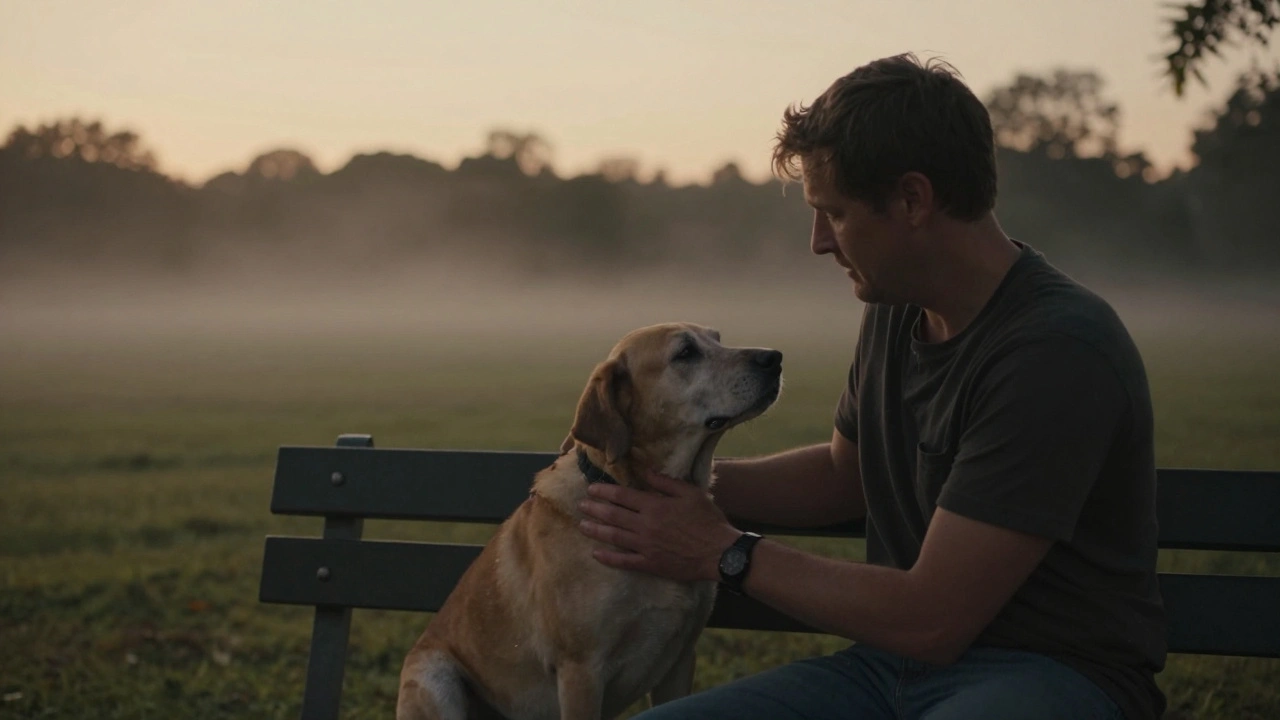 Man die zachtjes een oude hond aait op een bank bij zonsondergang, rustige sfeer.