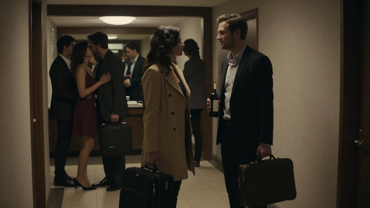 Man en vrouw ontmoeten in een hotelgang, met een fles wijn en koffers, sfeer van realistische directheid.