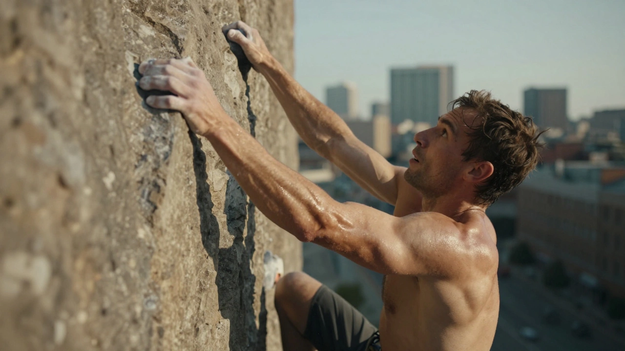 Man zonder shirt aan het klimmen op een klimmuur, zweet op de neus, urban omgeving.