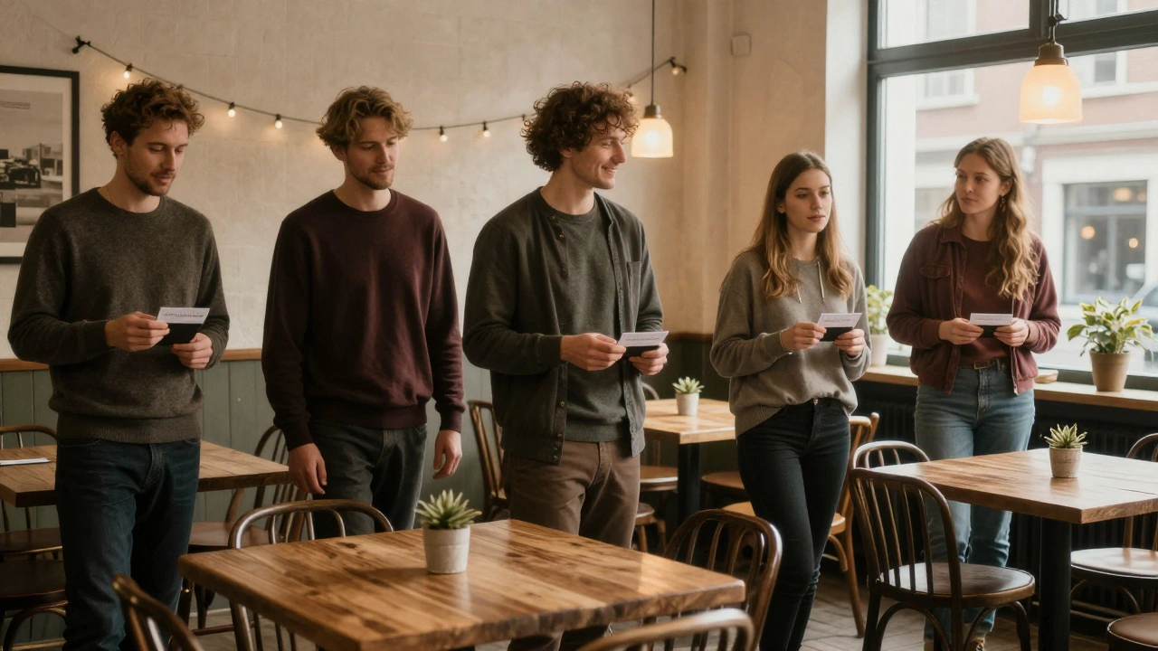 Mensen ruilen naamkaartjes na een speed dating-avond in een gezellige Nederlandse café.