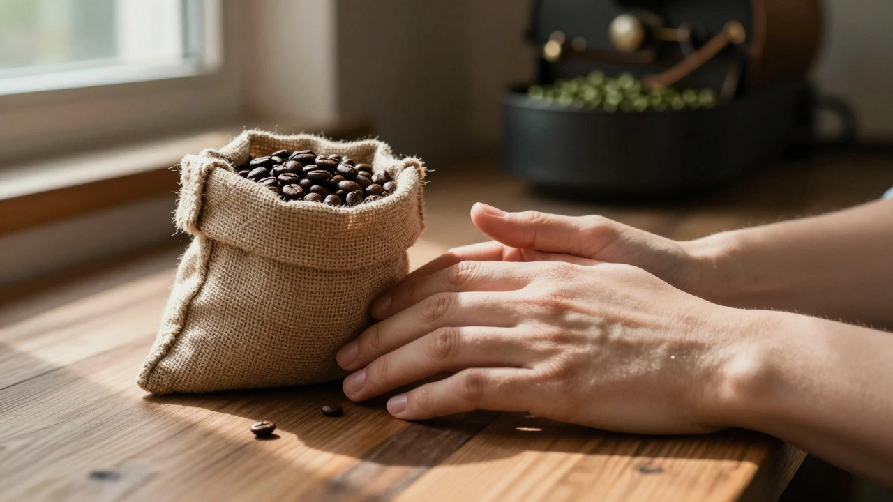 Twee handen die een zak verse koffiebonen vasthouden, een enkele bon valt op hout, zonlicht valt op hun vingers.