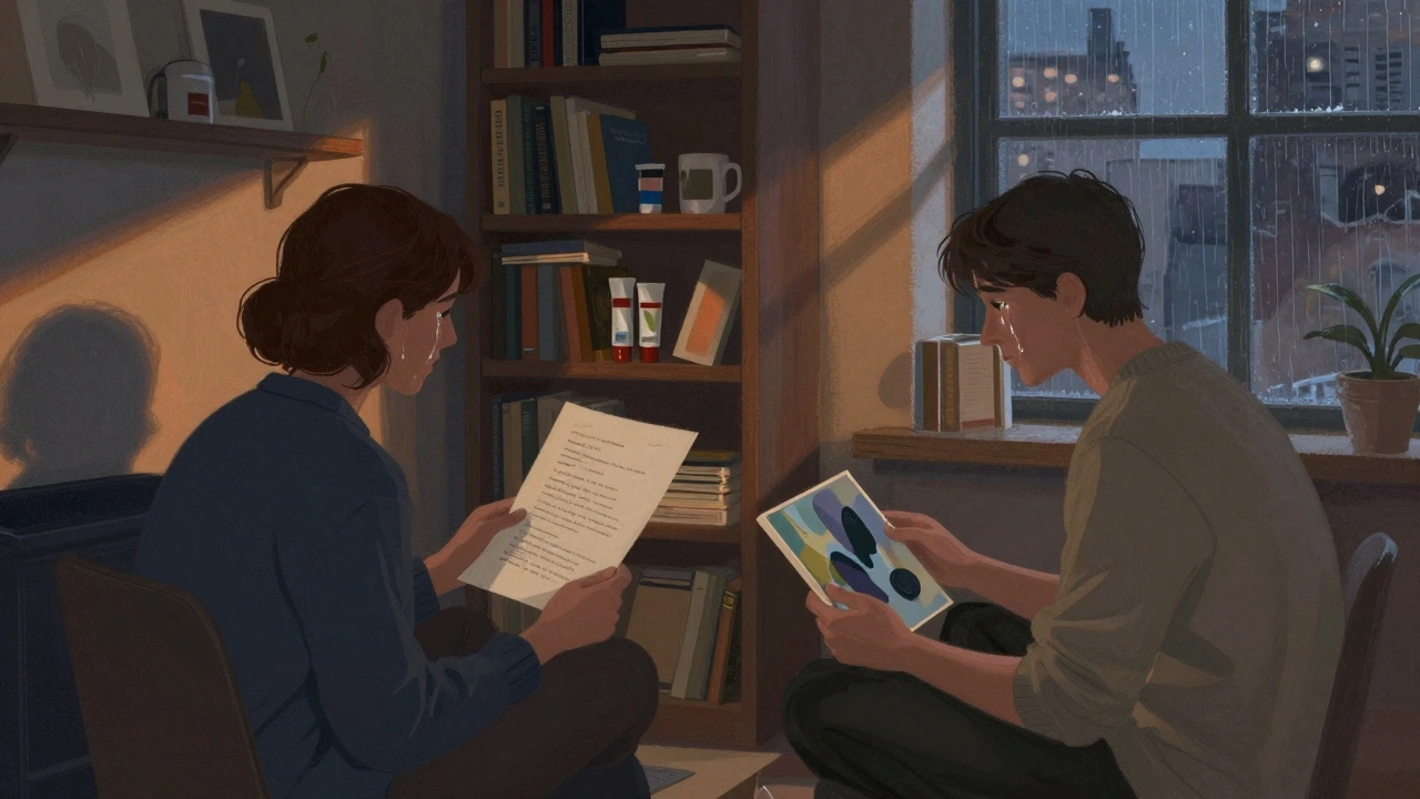 Twee mensen bestuderen stil een gedicht en een schilderij, tranen in hun ogen, in een warm verlichte loft.