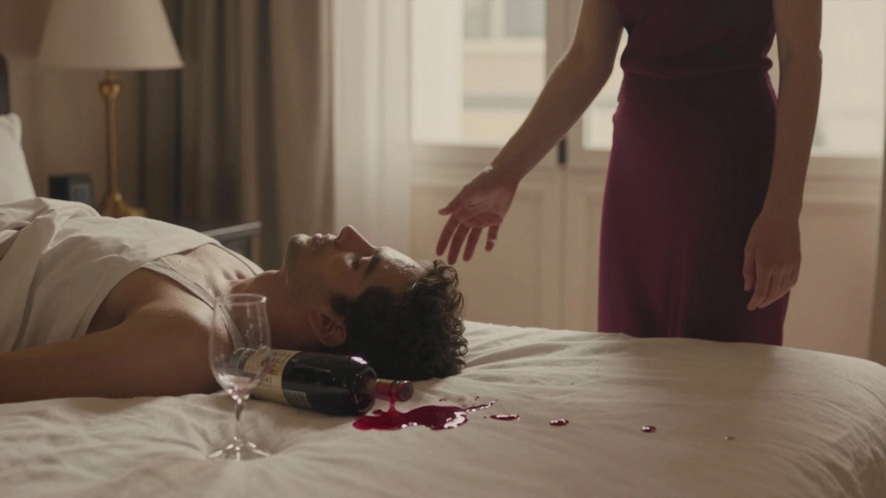 Twee mensen in een hotelkamer, geen gezichten, alleen lichaamstaal en een fles wijn op de bedden.