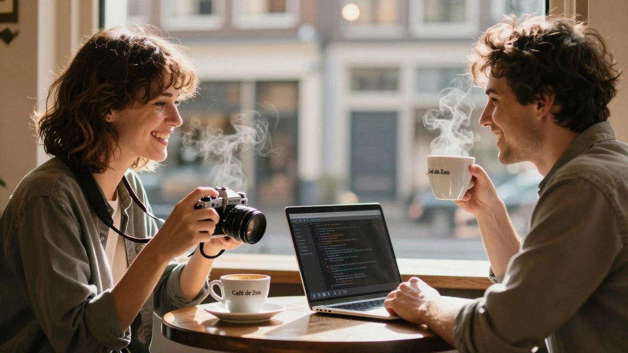 Twee mensen lachen in een Amsterdamse café, verbonden door een gesprek dat begon met een oprechte boodschap.