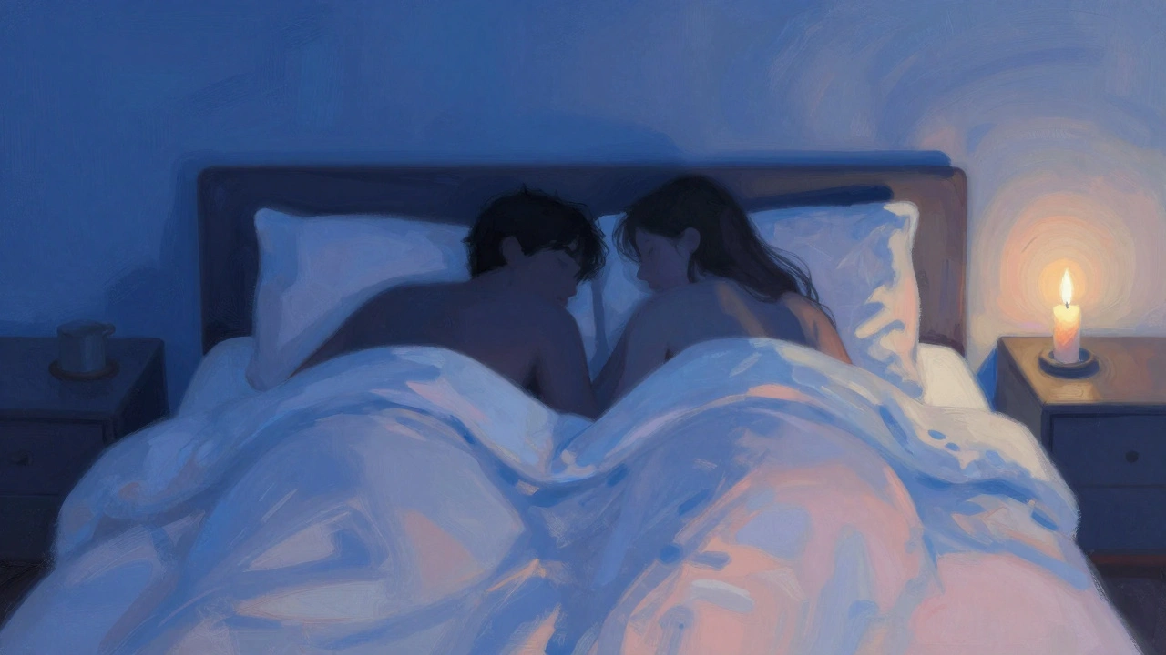 Twee silhouetten in bed bij zonsopgang, een kaars licht in de verte, stilte en verbinding in de ochtend.