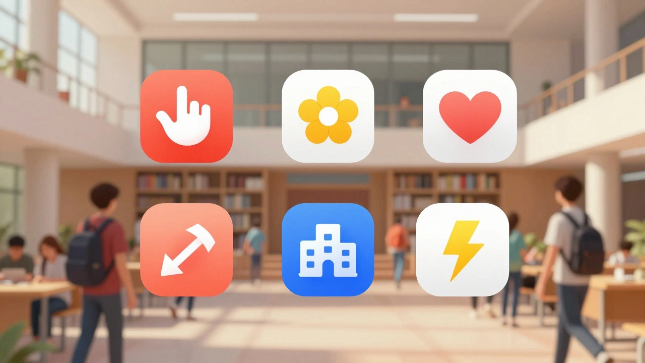 Vijf datingapps als symbolische iconen boven een studentencampus, met swipe- en verbindingselementen.