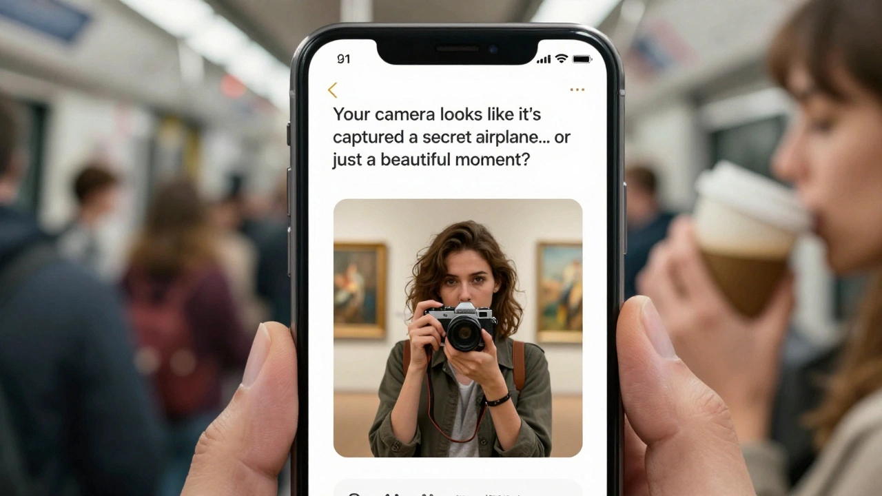 Vrouw kijkt naar een profiel met een vintage camera, met een persoonlijk bericht op het scherm.