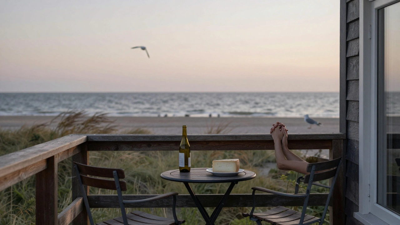 Een eenvoudig balkon in De Haan met twee handen die elkaar vasthouden terwijl de zee glinstert.