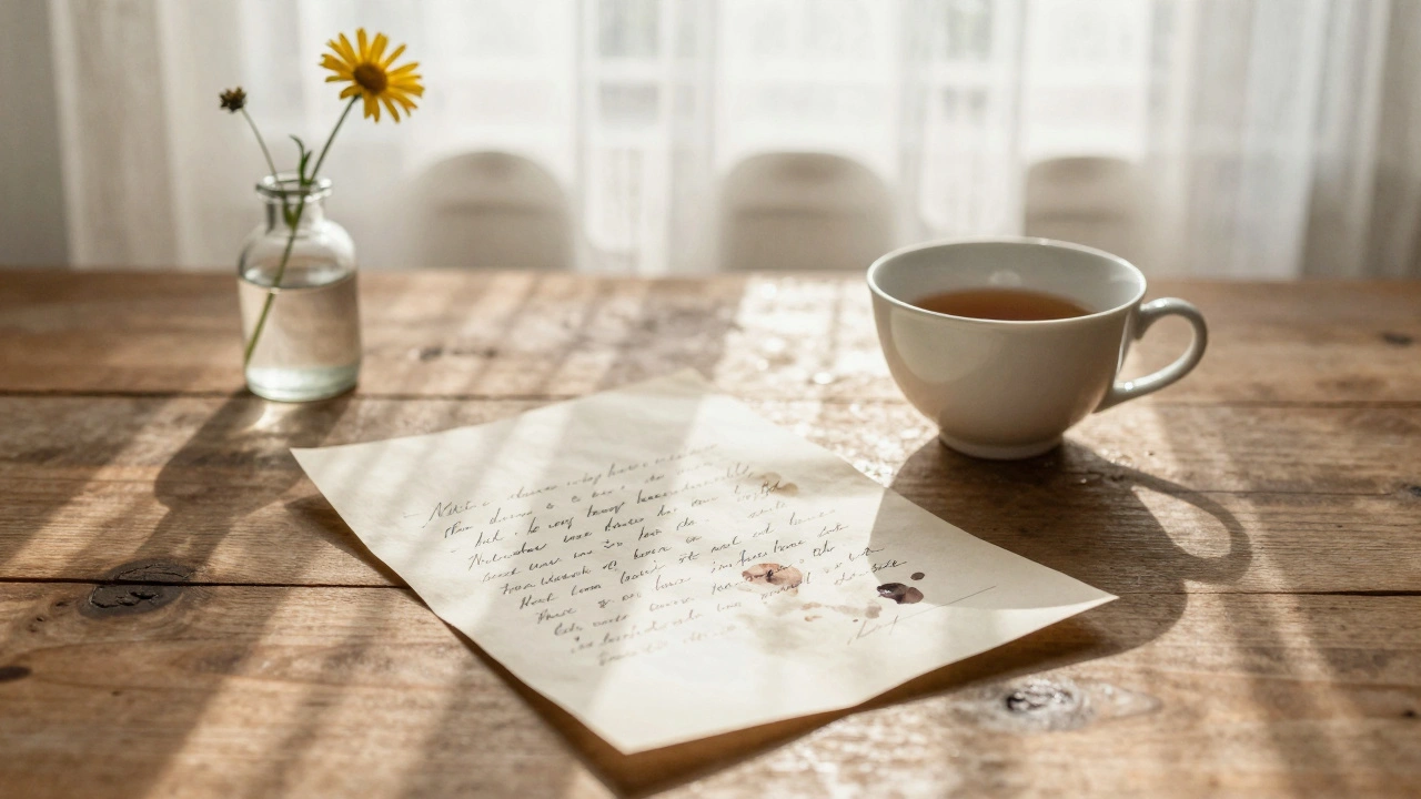 Een handgeschreven brief ligt open op een houten tafel met een kopje thee en een bloem er naast.