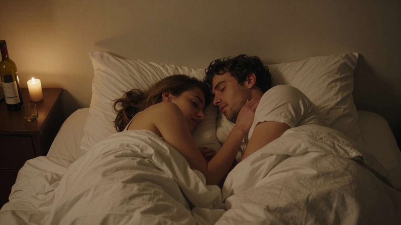 Een koppel in een klein hotelkamer, dicht bij elkaar maar nog niet aanrakend, een kaars licht geeft een zachte, warme sfeer.