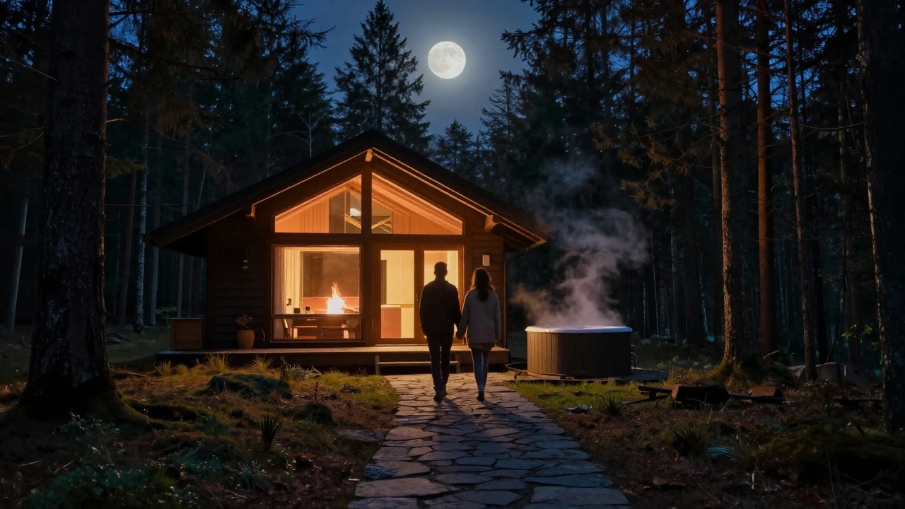 Een koppel wandelt onder de maan door het bos van de Hoge Veluwe, warm licht schijnt uit een hut.