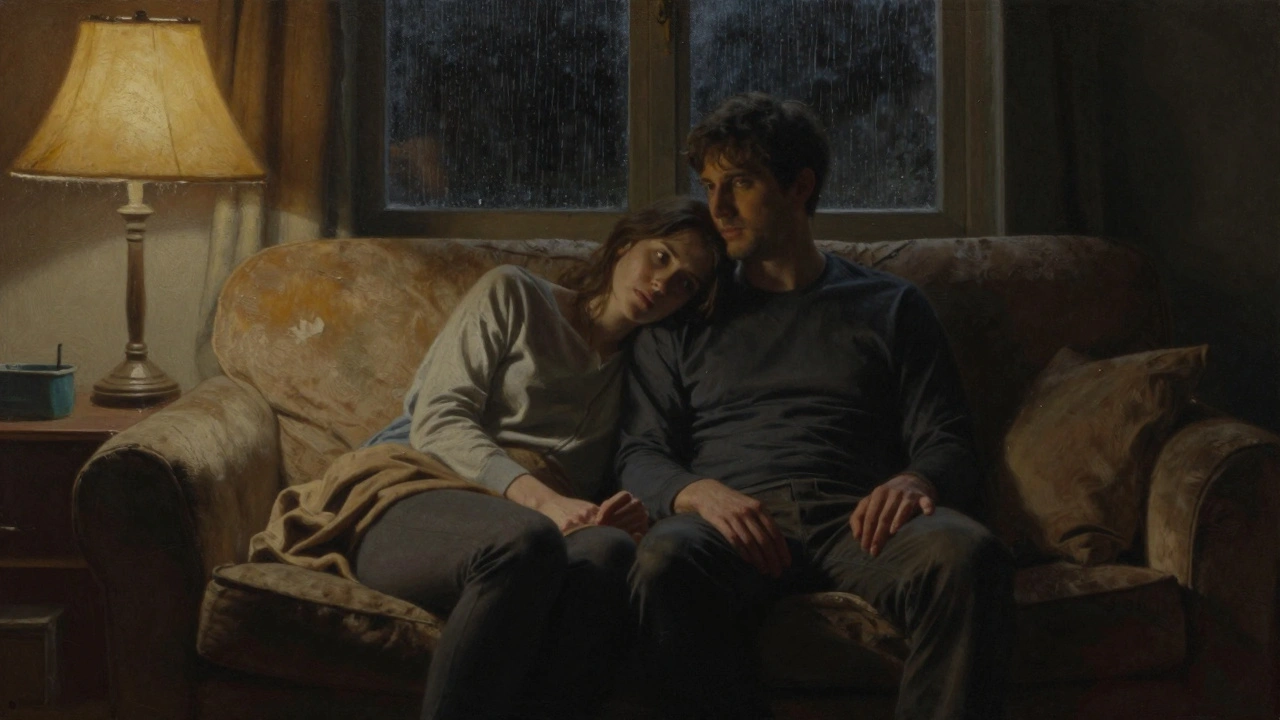 Een koppel zit samen op de bank in het donker, hoofd op schouder, geen woorden, alleen rust.