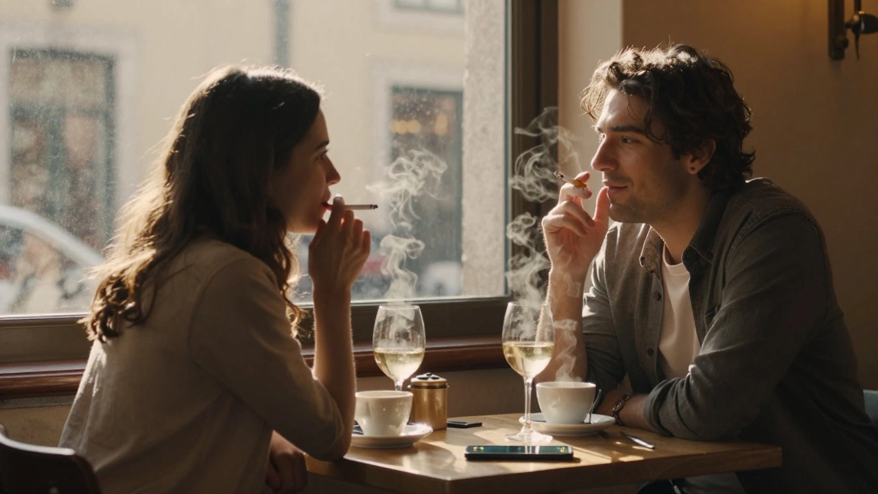 Een man en vrouw in een Lissaboncafé, lachend met sigaretten en wijn in de zon.