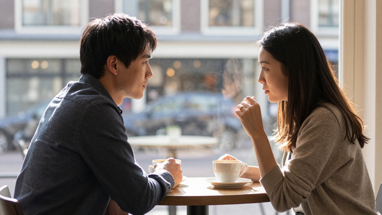 Een man en vrouw zitten in stilte tegenover elkaar in een café, beiden aanwezig, zonder woorden, alleen de lichtspelen en details om hen heen.