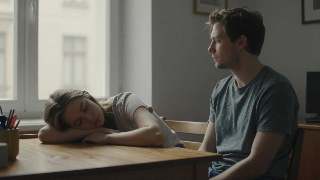 Een man kijkt stil naar zijn slapende vrouw in de ochtendzon, zonder woorden of aanraking.