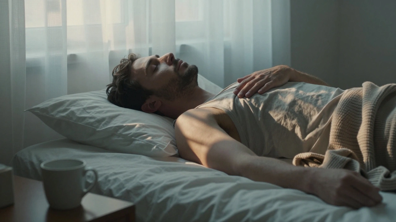 Een man ligt alleen in bed bij zonsopgang, rustig en vredig na een intieme nacht.