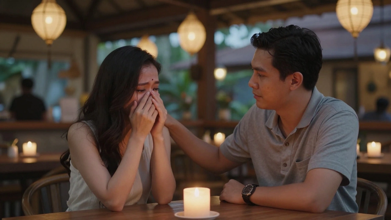 Een man luistert stil terwijl een vrouw huilt, zijn hand op haar schouder, geen woorden, alleen aanwezigheid.