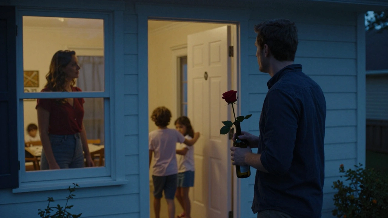 Een man staat buiten met een roos en wijn, kijkend naar zijn vrouw die bij het raam staat.