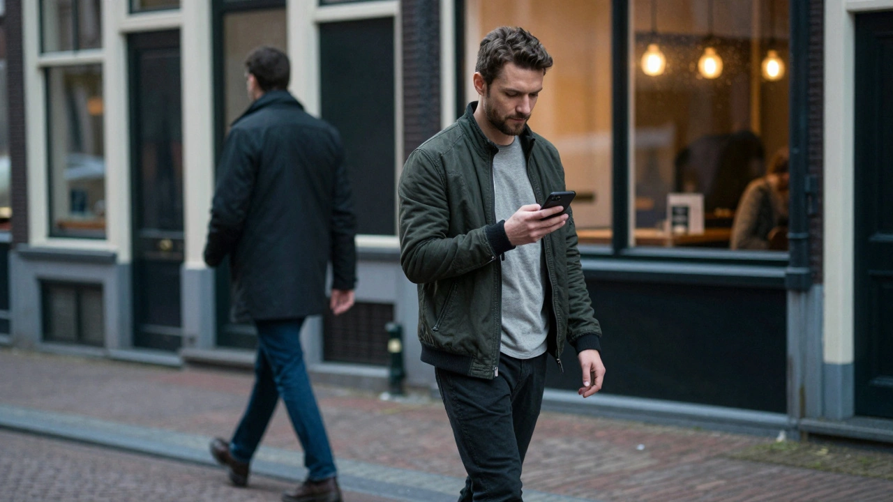 Een man stuurt een bericht met rust, terwijl iemand achter hem wegloopt.