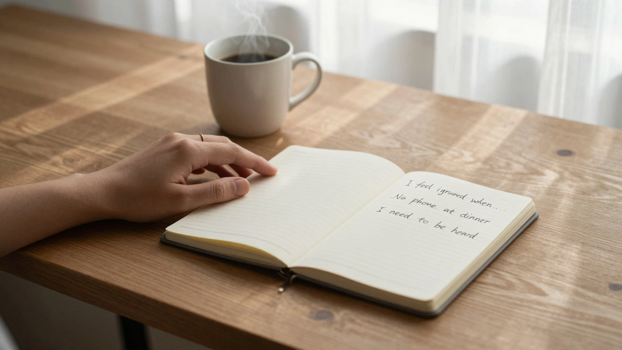 Een notitieboekje met eenvoudige, concrete beloften voor een betere relatie, in zacht ochtendlicht.