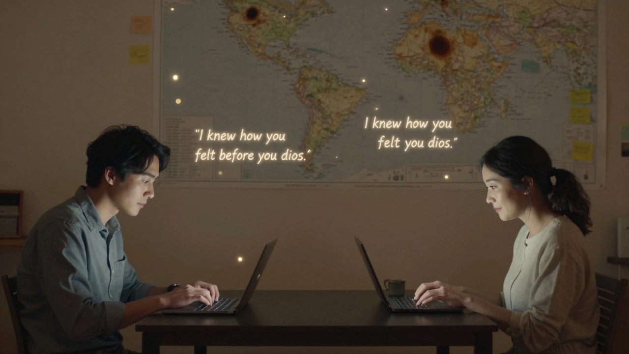 Een paar in aparte kamers die tegelijkertijd typen tijdens een videooproep, met zwevende woorden tussen hen als emoties.