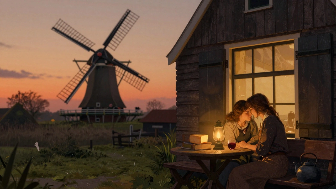 Een paar rust op een bank in een oud huis in de Zaanstreek, een windmolen zichtbaar in de avondzon.