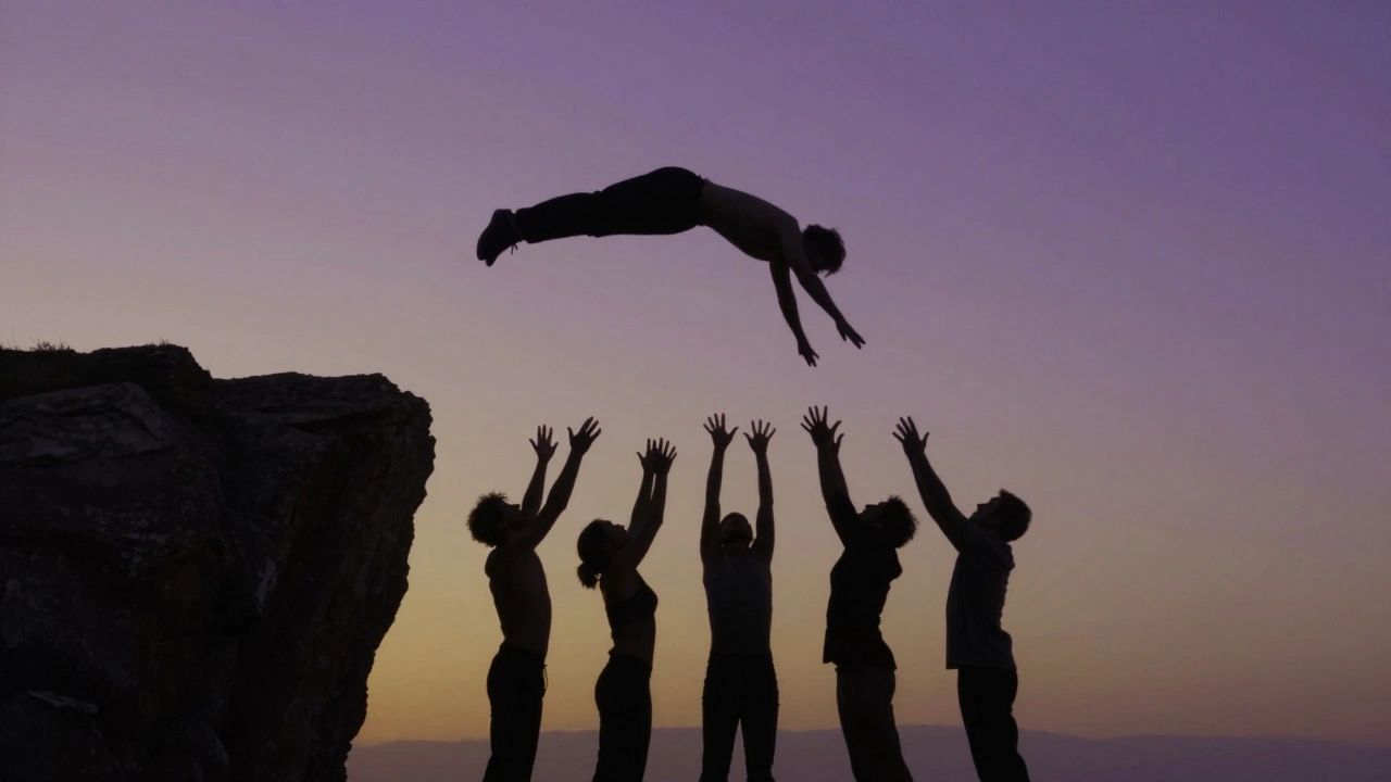 Een persoon die achterover valt, opgevangen door vijf stilzwijgende handen—een symbool van onvoorwaardelijk vertrouwen.