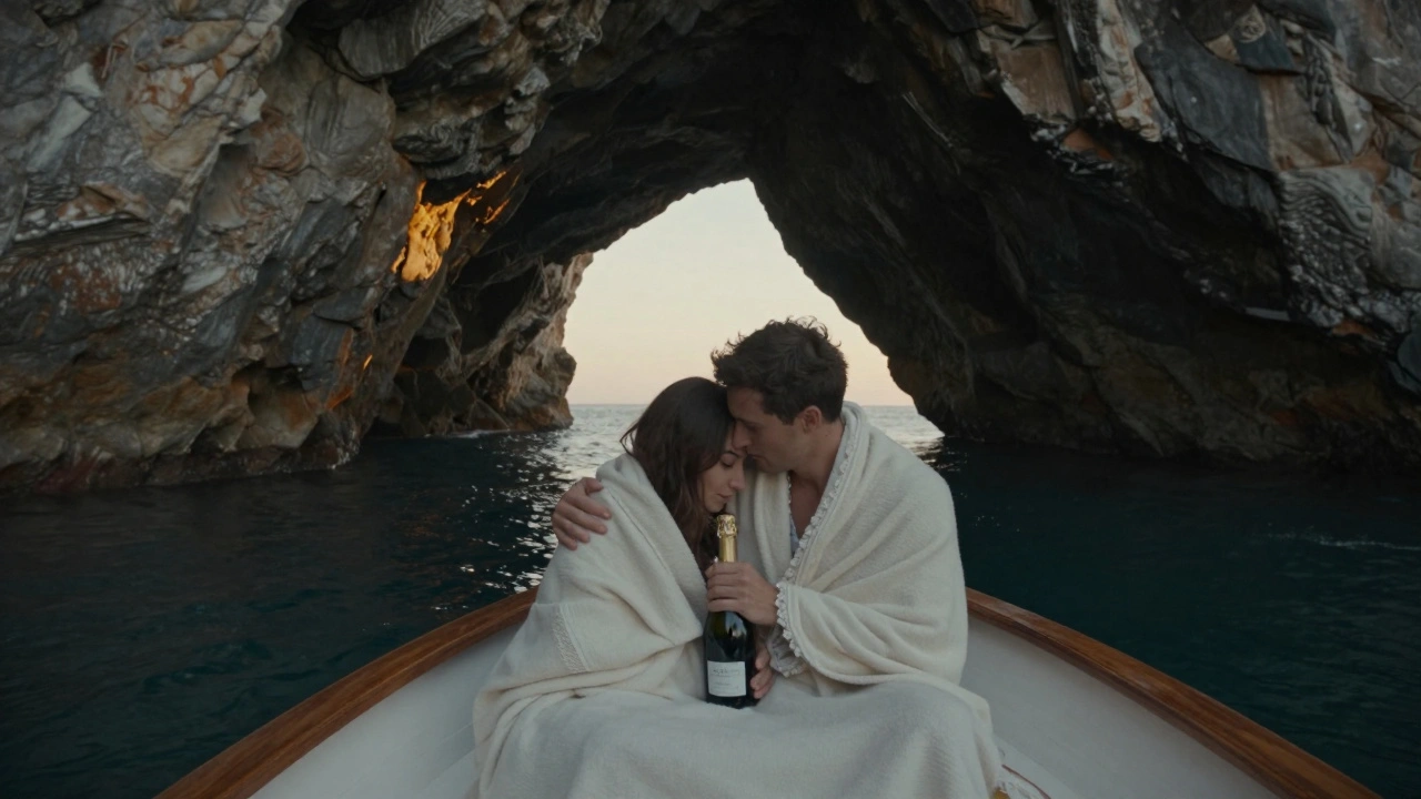 Een privéboot zweeft in een grot aan de Amalfikust, waar een paar samen zit in de avondlicht.