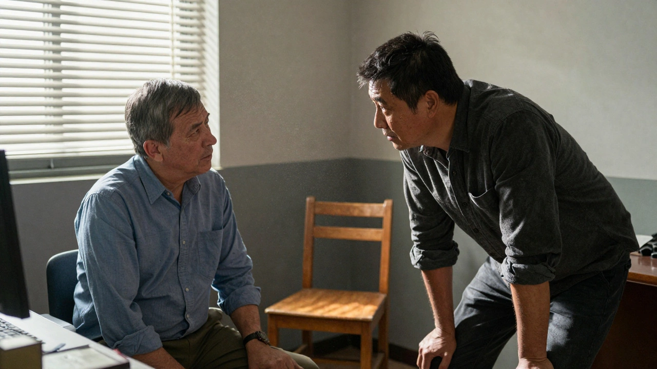 Een relatiecoach en een man in een eenvoudige kamer, het licht valt door jaloezieën, hun gezichtsuitdrukkingen zijn intens en oprecht.