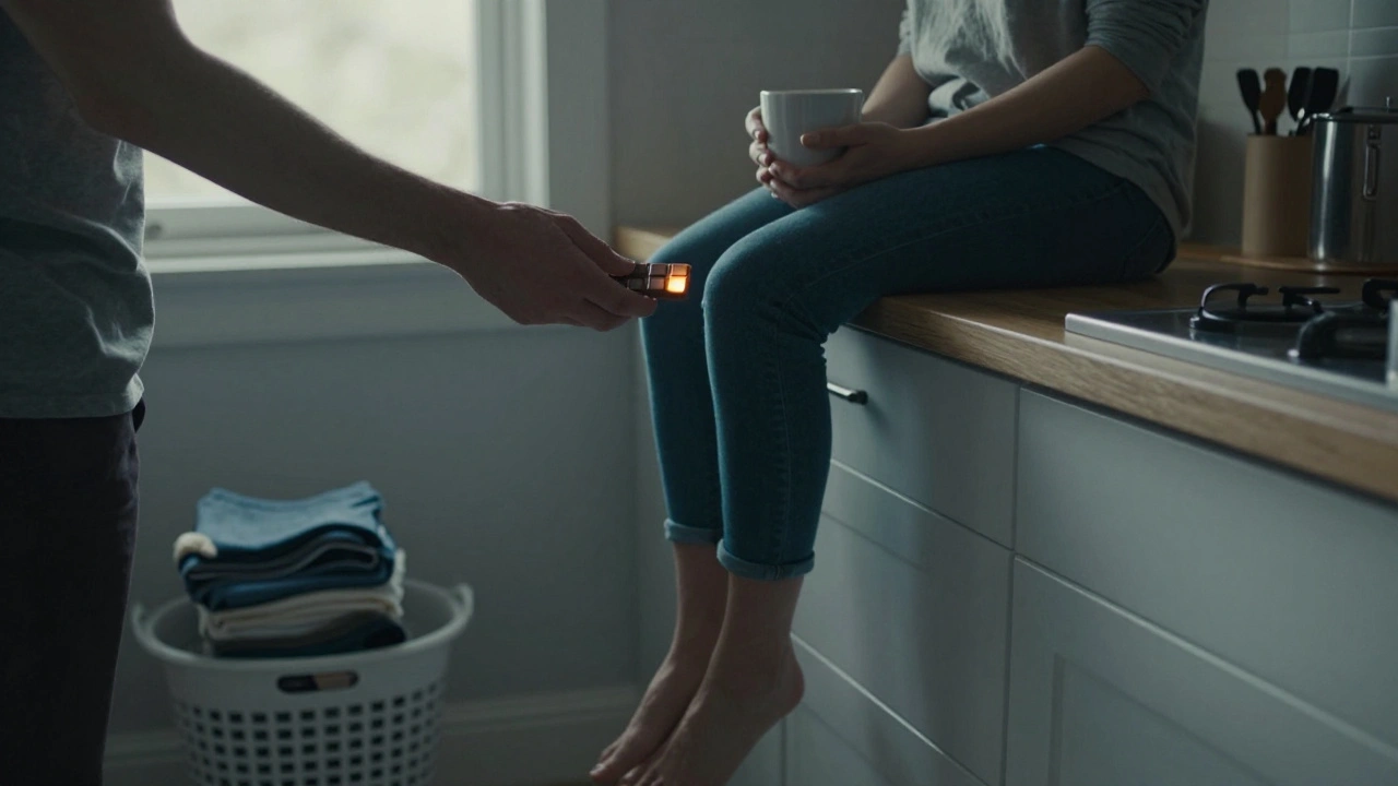 Een vrouw houdt een kop koffie terwijl haar partner een stukje chocolade op de keukenkast legt.