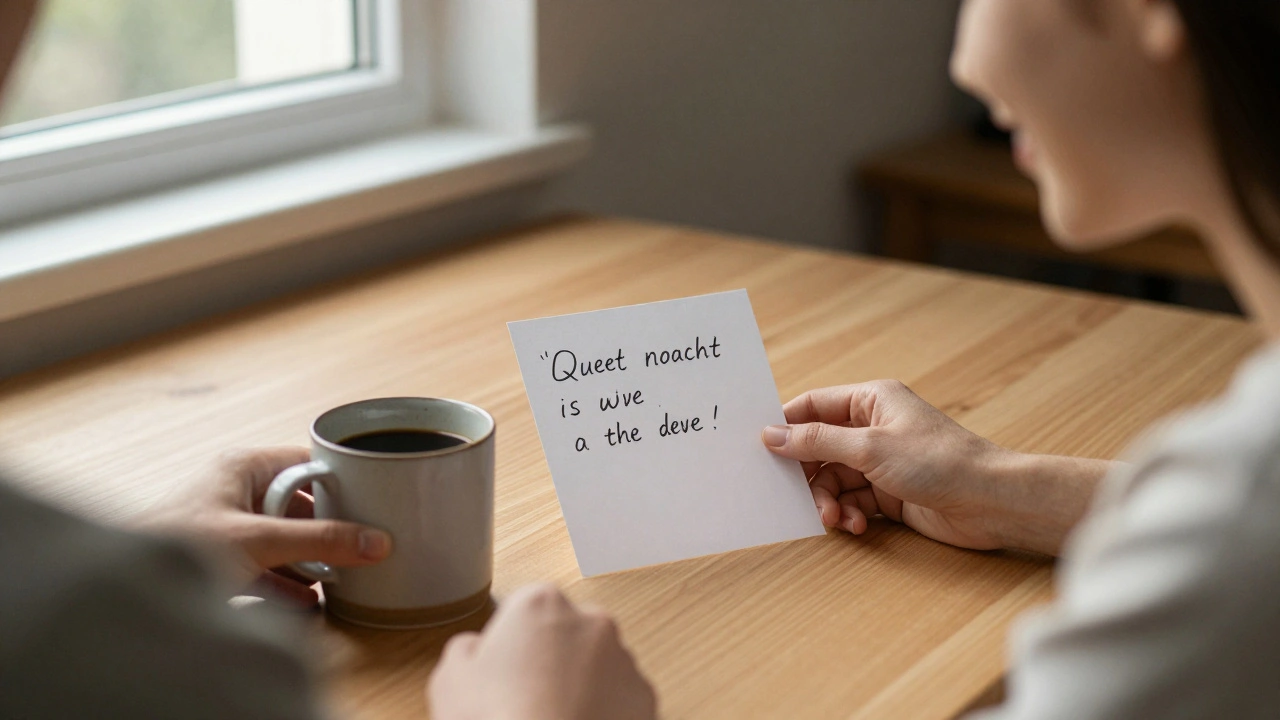 Een vrouw lacht zachtjes terwijl een briefje naast haar koffie staat, zonlicht valt door het raam.