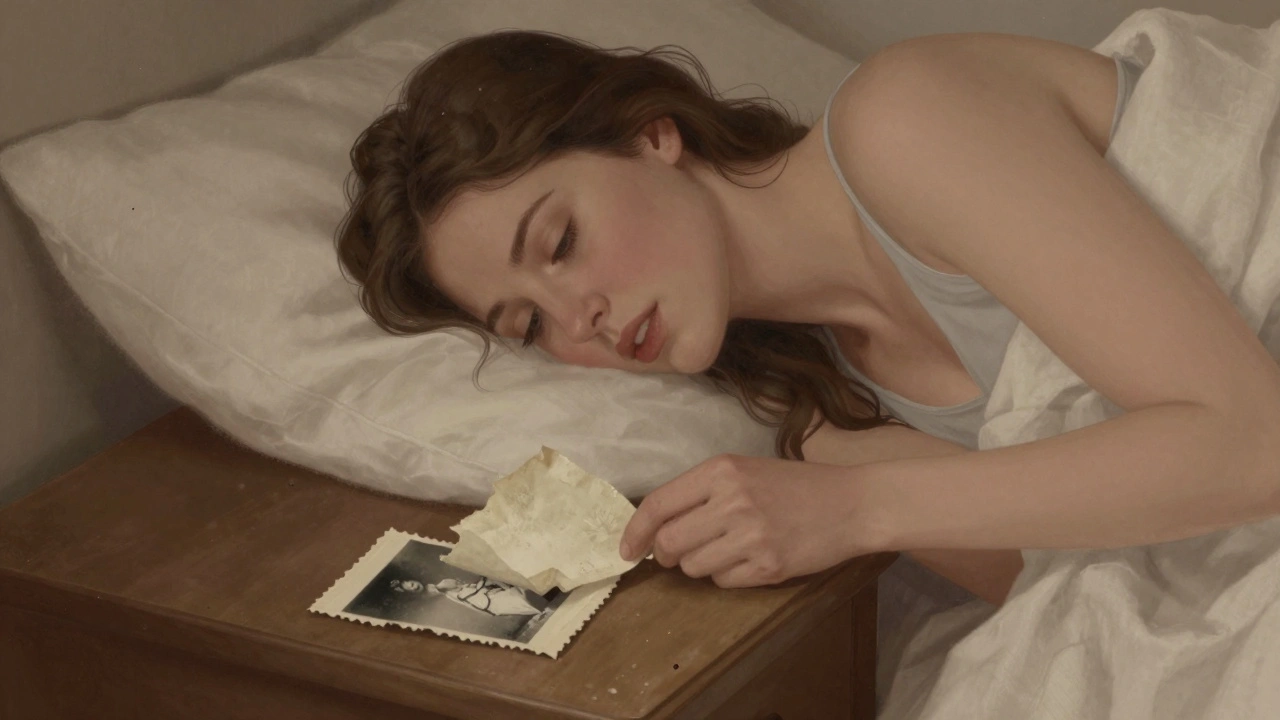 Een vrouw ontdekt een oud stuk linnen op haar nachtkastje, een verouderde foto ligt eronder, zacht ochtendlicht.