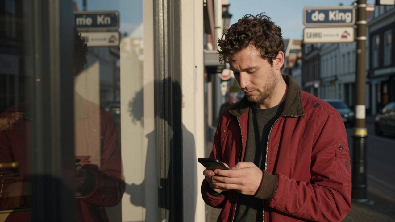 Man sending a safety message outside a café, a red-jacketed figure visible inside.