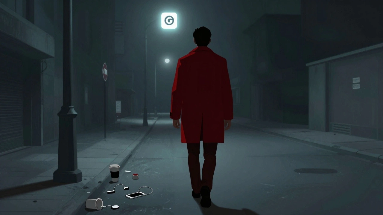 Man walking away from a shadowy figure under a streetlamp, SafeDate app glowing above.