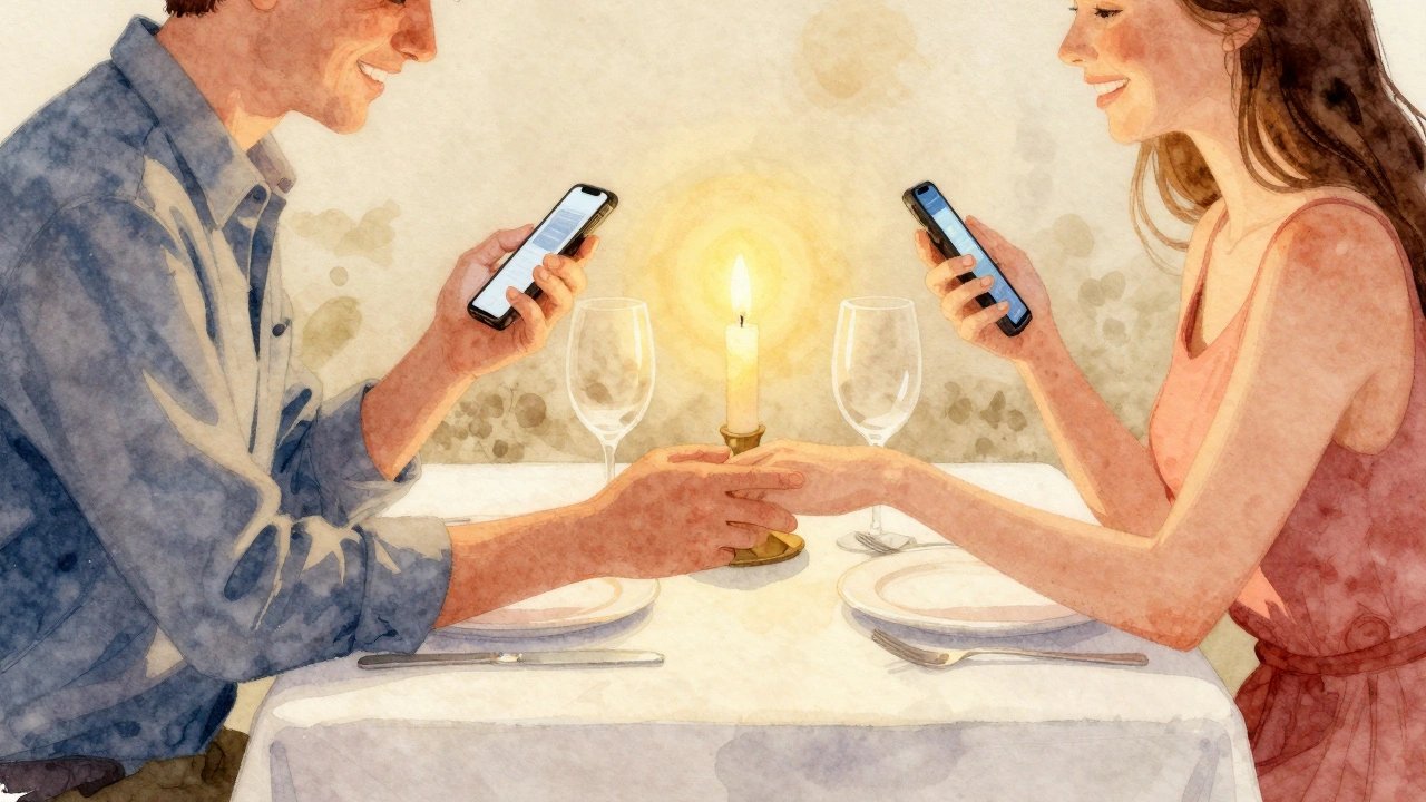 Paar zonder telefoons tijdens gezelligheidsdag, samen eten