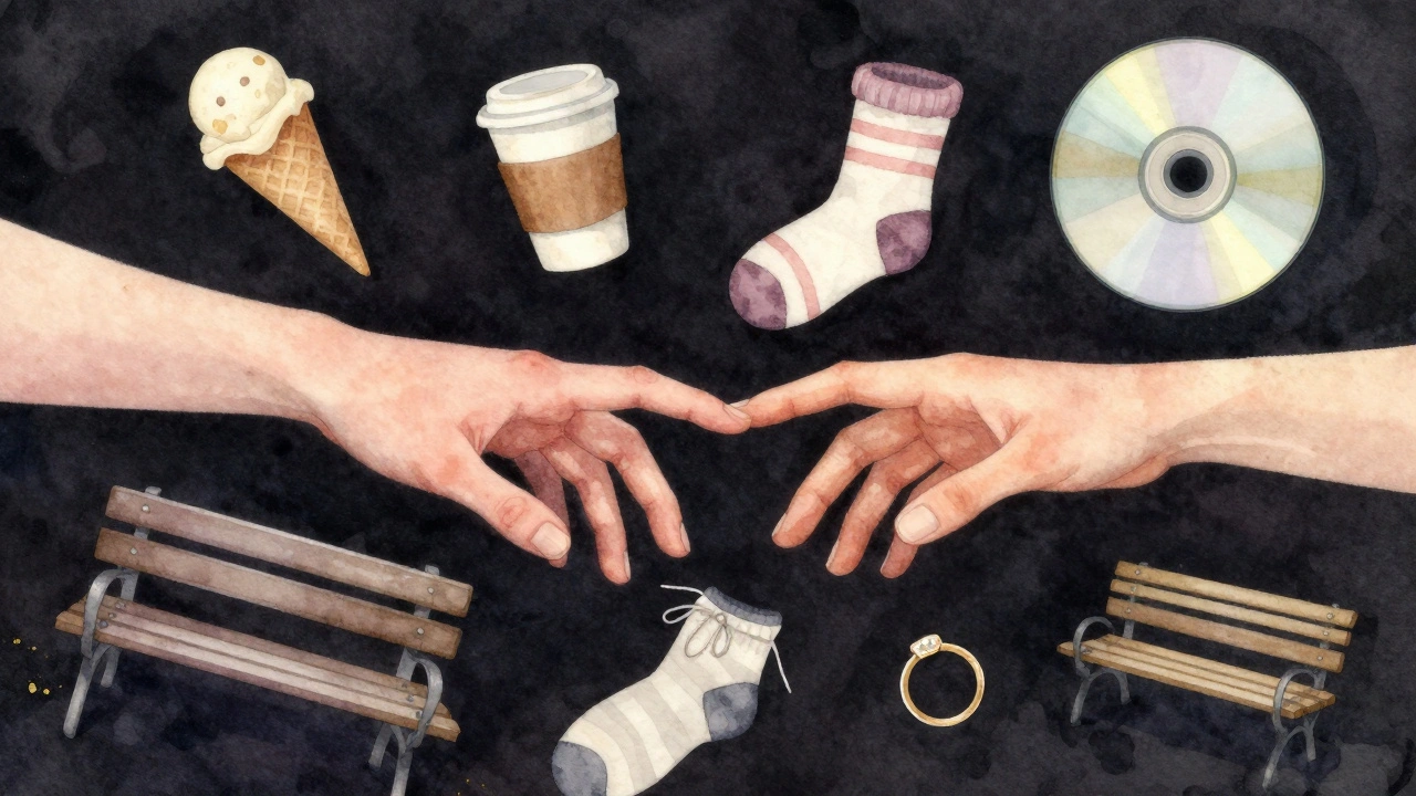 Twee handen die bijna elkaar raken, omgeven door herinneringen aan een relatie als waterverf.