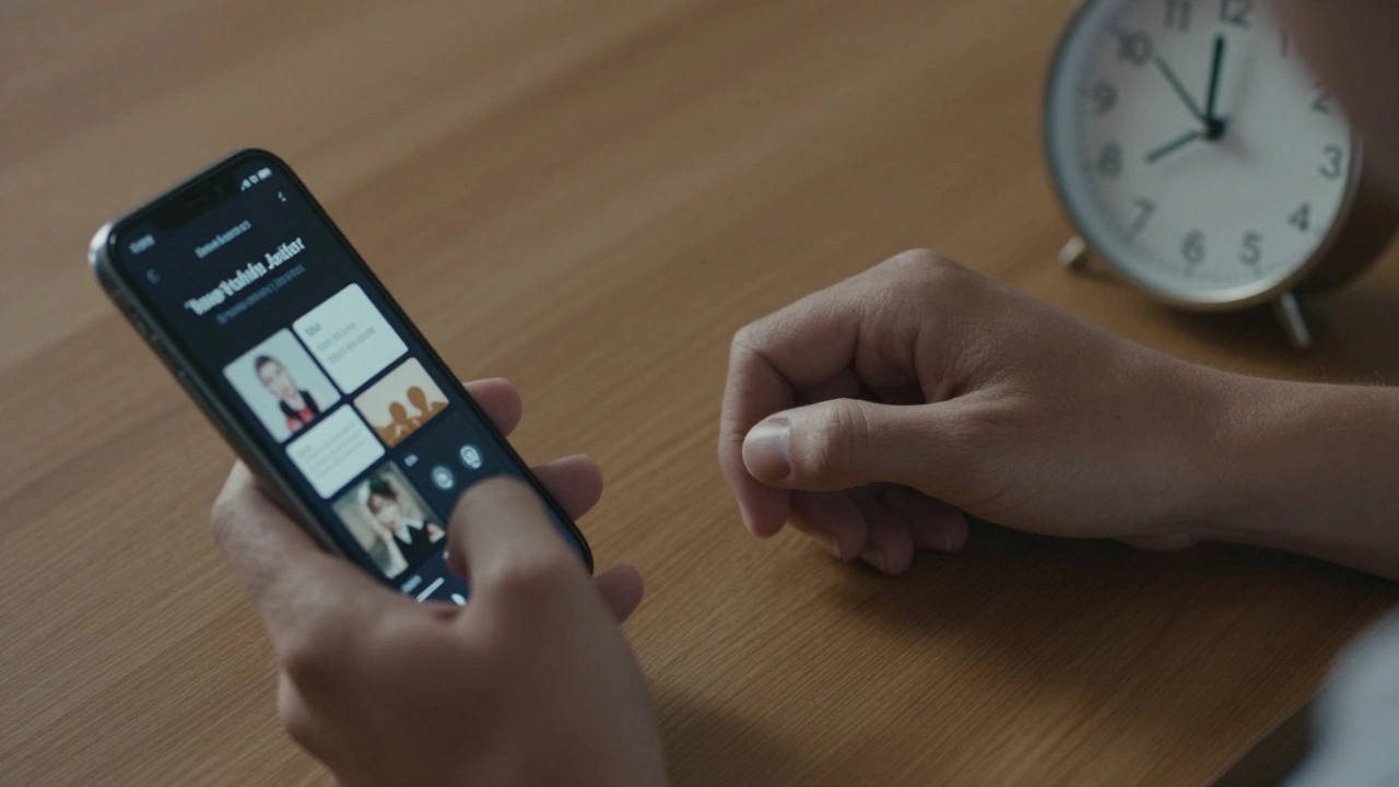 Twee handen: één houdt een telefoon met dating-app, de andere rust rustig op een tafel, met een klein klokje dat 20-10 seconden aangeeft.