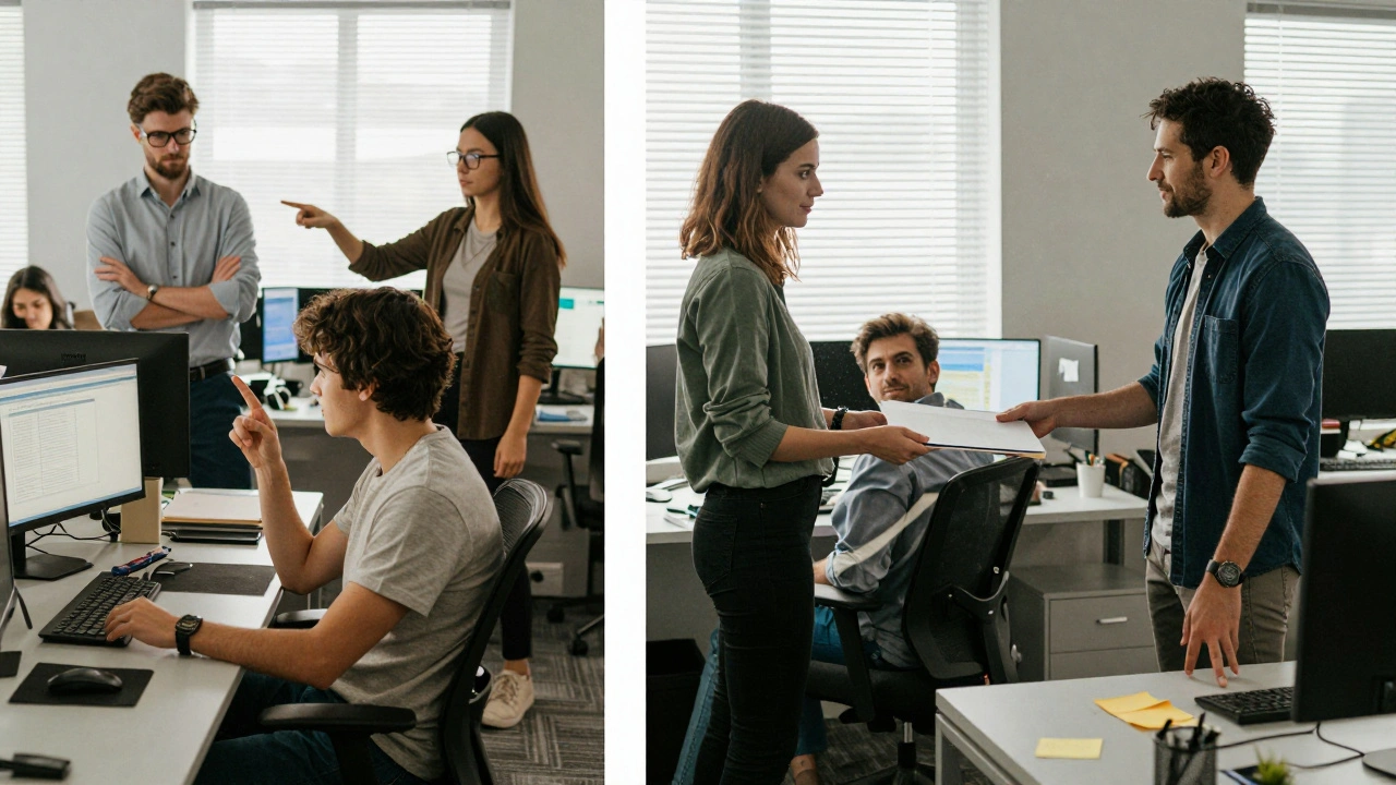 Twee kanten van een team: links chaos en wantrouwen, rechts kleine daden van ondersteuning en vertrouwen.